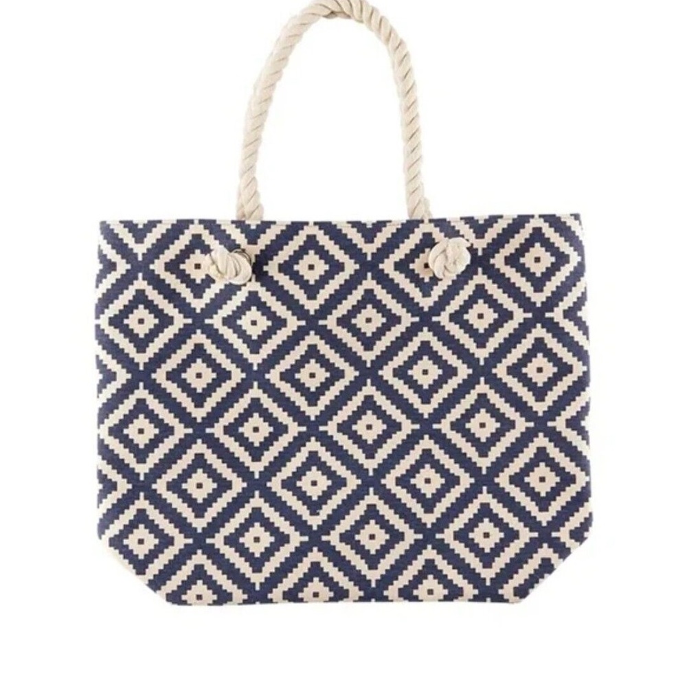 Summer and Rose Large Navy White Canvas Diamond‎ Beach Tote Bag
